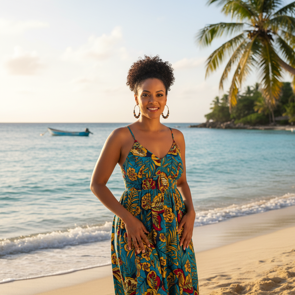 Une femme souriante portant une robe à motifs tropicaux se tient sur une plage au bord de l'océan avec un palmier en arrière-plan.
