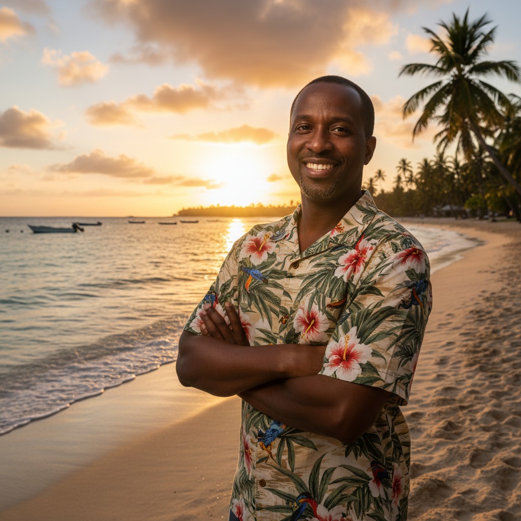 Un homme souriant portant une chemise à motifs tropicaux pose les bras croisés sur une plage au coucher du soleil.